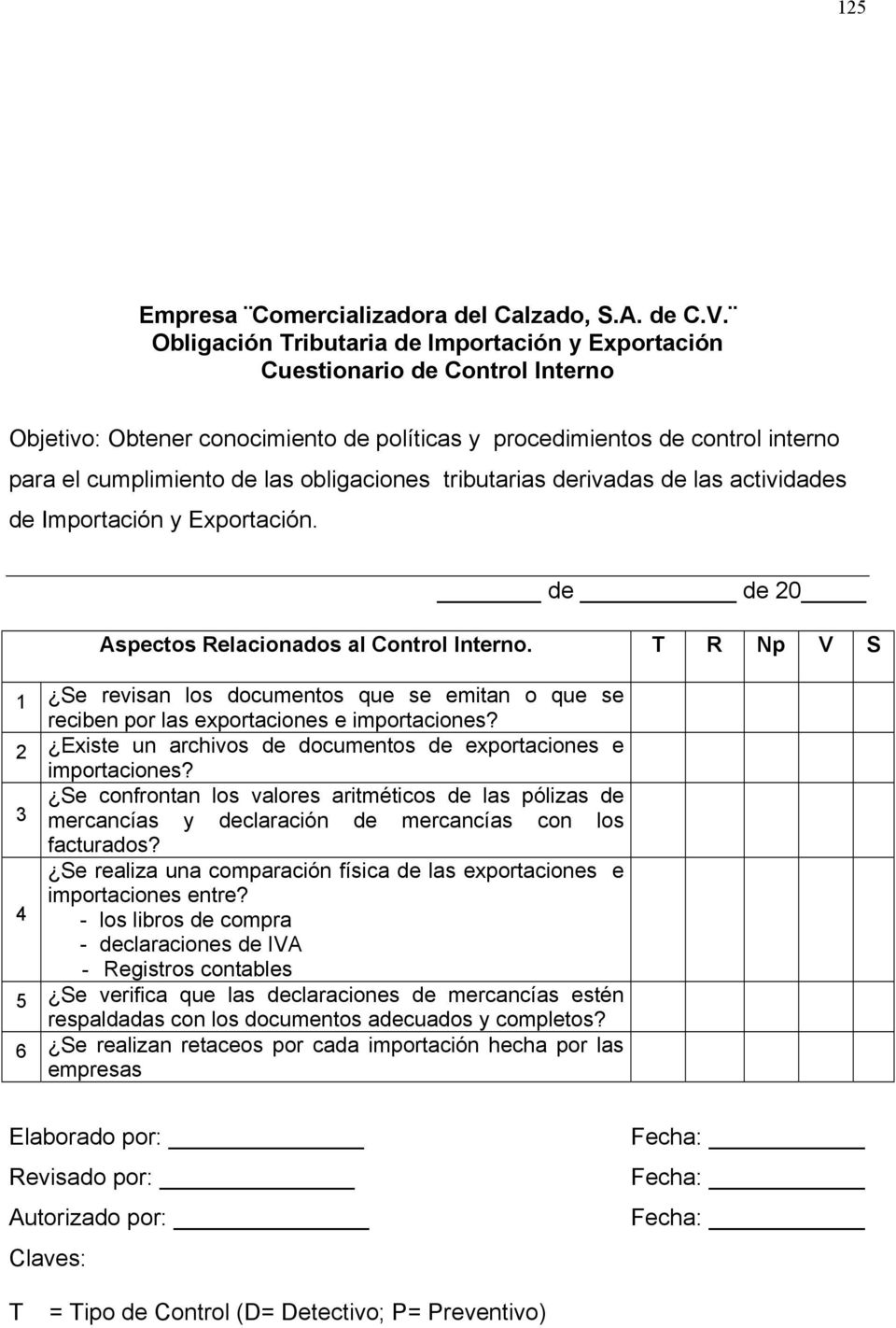 obligaciones tributarias derivadas de las actividades de Importación y Exportación. de de 20 Aspectos Relacionados al Control Interno.