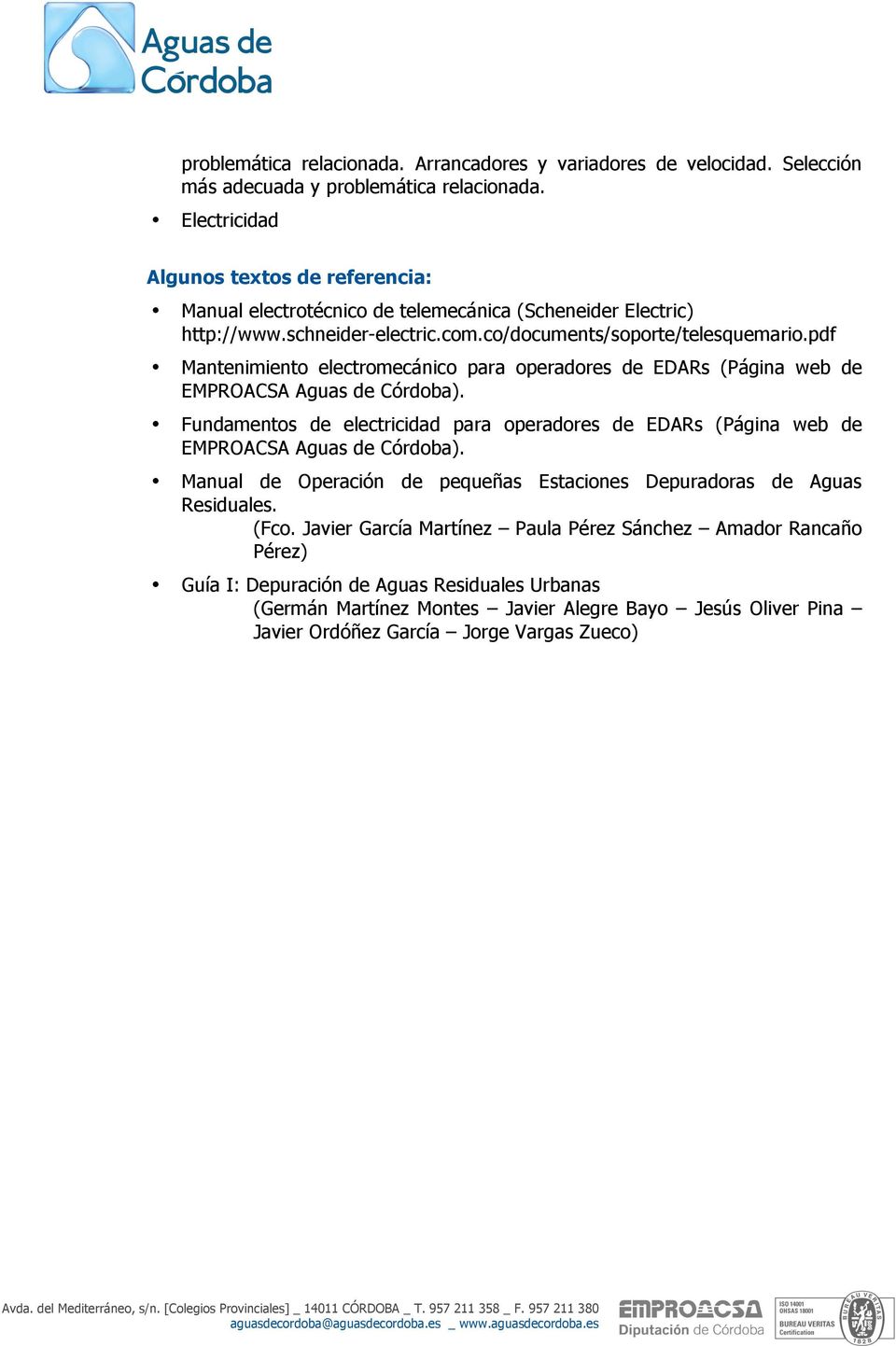 pdf Mantenimiento electromecánico para operadores de EDARs (Página web de EMPROACSA Aguas de Córdoba).