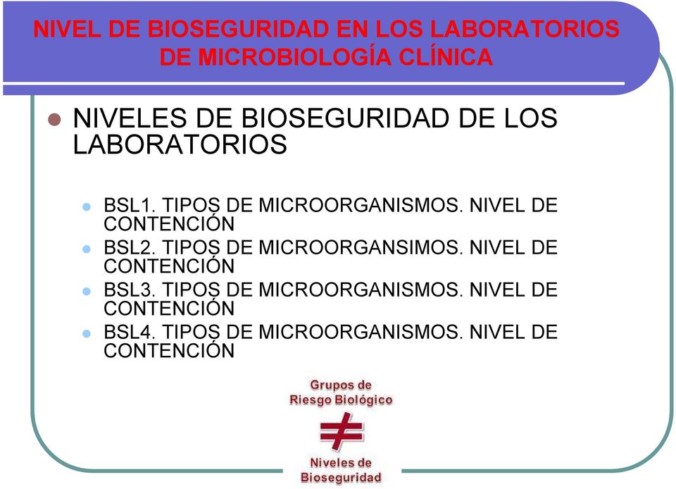 NIVEL DE CONTENCIÓN BSL2. TIPOS DE MICROORGANSIMOS. NIVEL DE CONTENCIÓN BSL3.