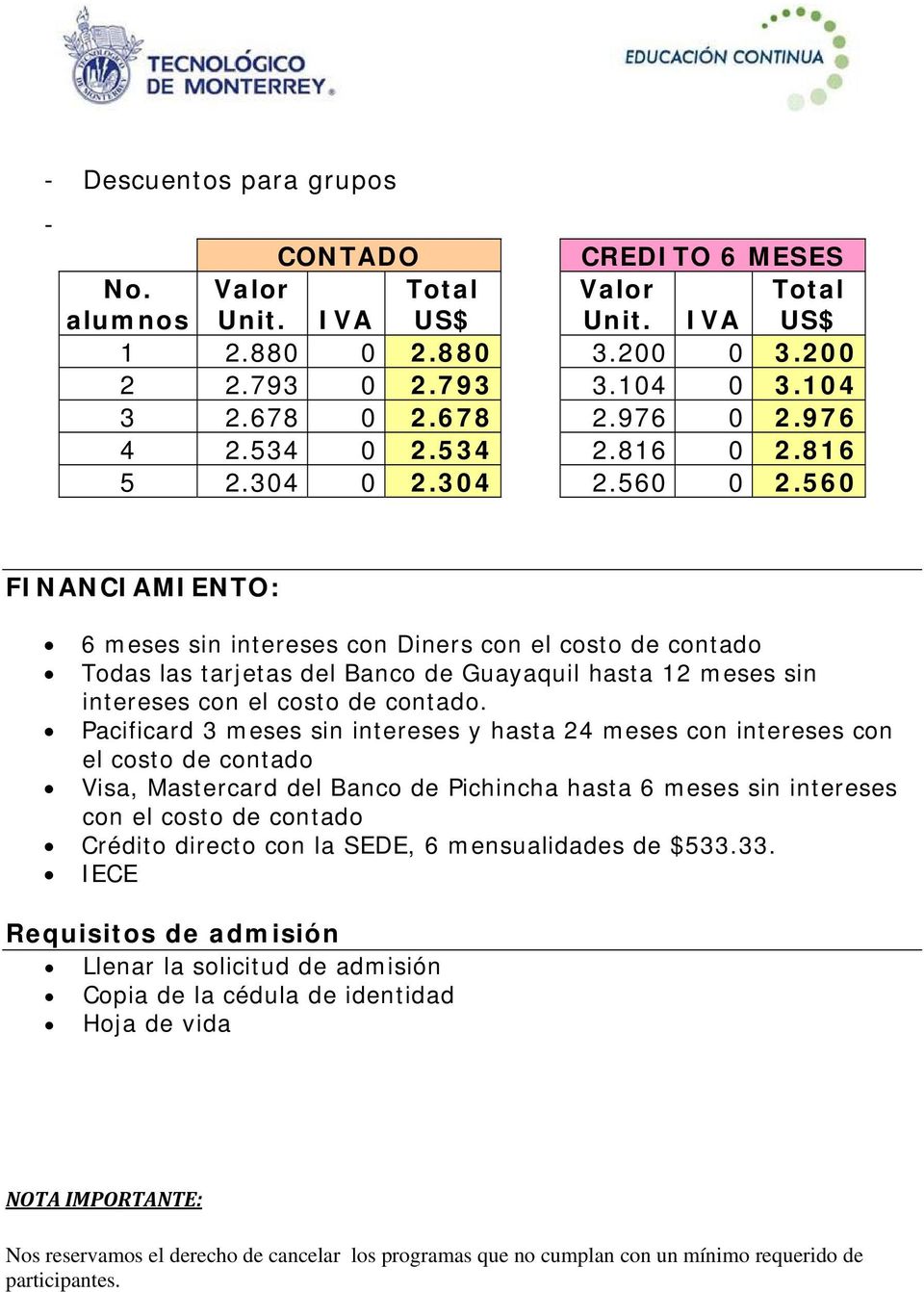 560 FINANCIAMIENTO: 6 meses sin intereses con Diners con el costo de contado Todas las tarjetas del Banco de Guayaquil hasta 12 meses sin intereses con el costo de contado.
