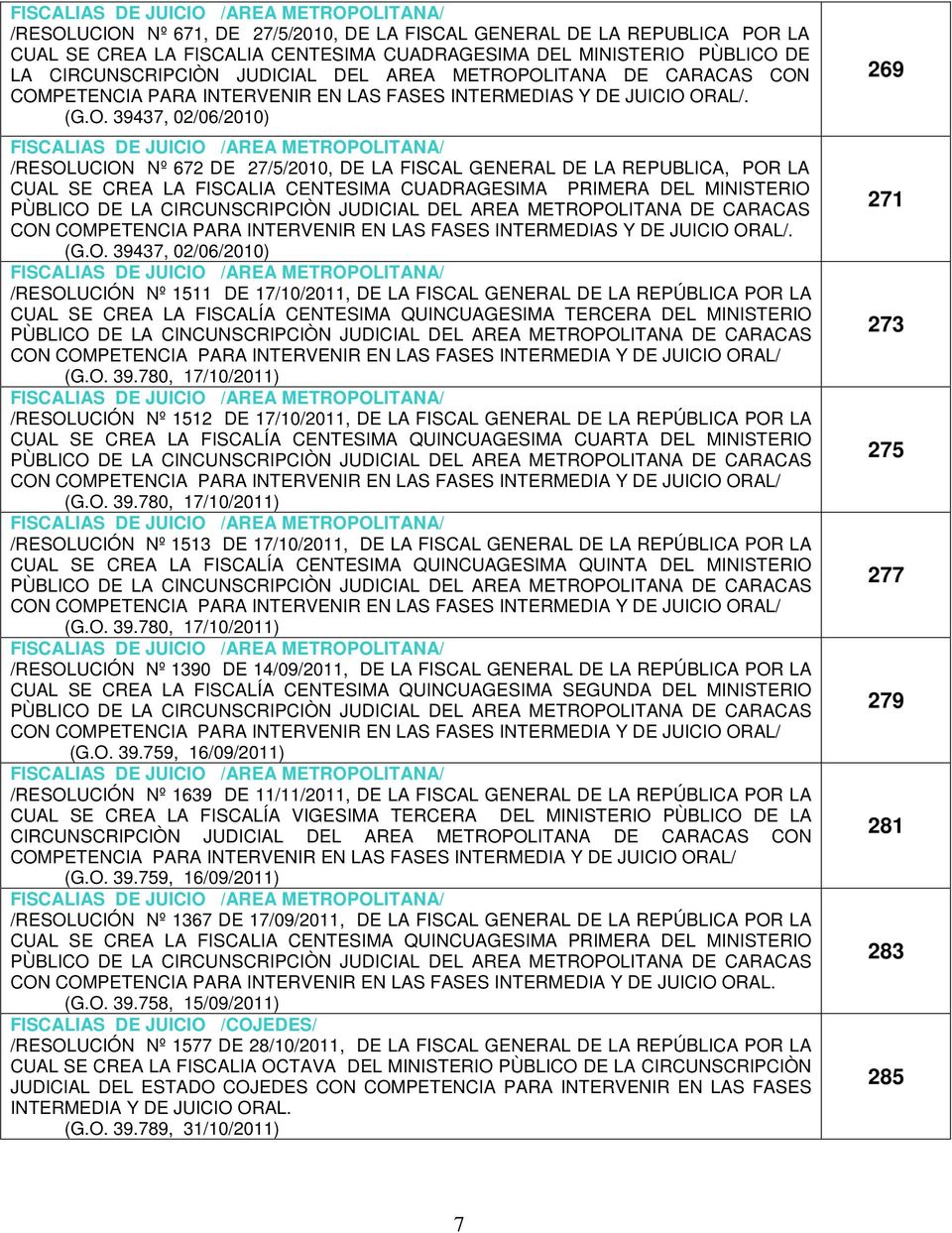 OLITANA DE CARACAS CON COMPETENCIA PARA INTERVENIR EN LAS FASES INTERMEDIAS Y DE JUICIO ORAL/. (G.O. 39437, 02/06/2010) FISCALIAS DE JUICIO /AREA METROPOLITANA/ /RESOLUCION Nº 672 DE 27/5/2010, DE LA