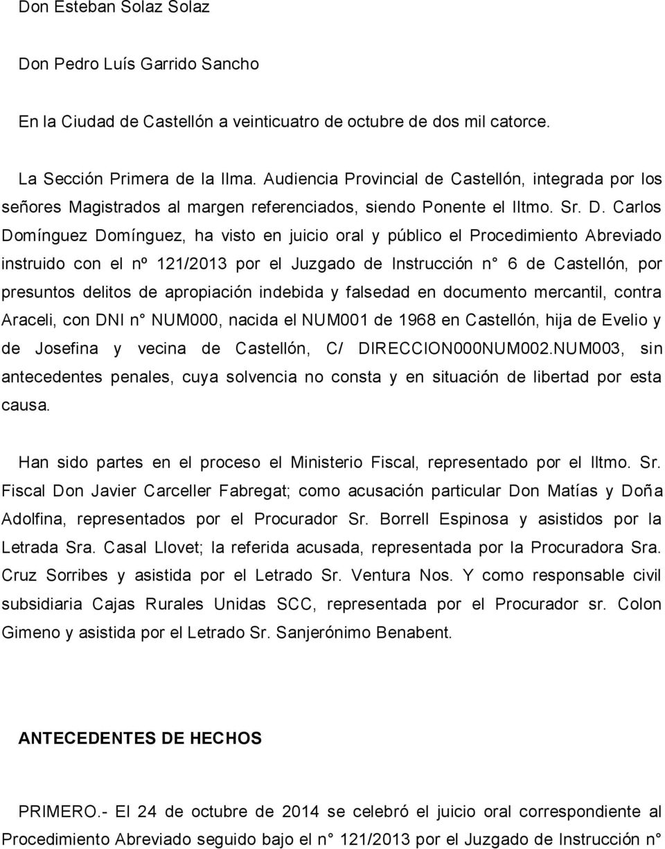 Carlos Domínguez Domínguez, ha visto en juicio oral y público el Procedimiento Abreviado instruido con el nº 121/2013 por el Juzgado de Instrucción n 6 de Castellón, por presuntos delitos de