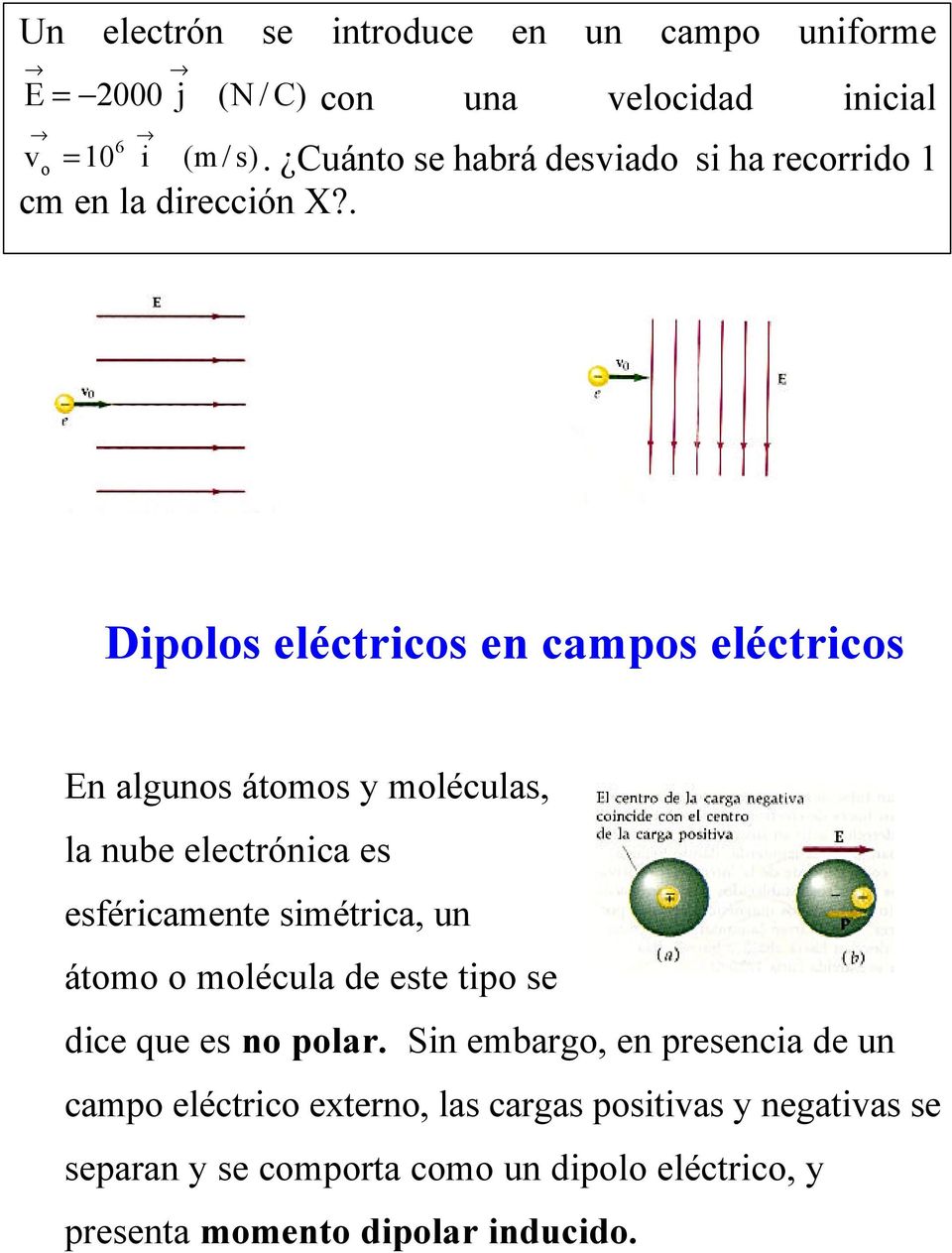 . Dipolos eléctricos en campos eléctricos En algunos átomos y moléculas, la nube electrónica es esféricamente simétrica, un átomo o