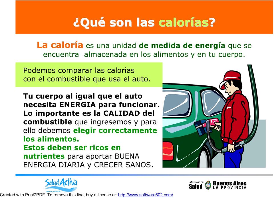 Podemos comparar las calorías con el combustible que usa el auto.