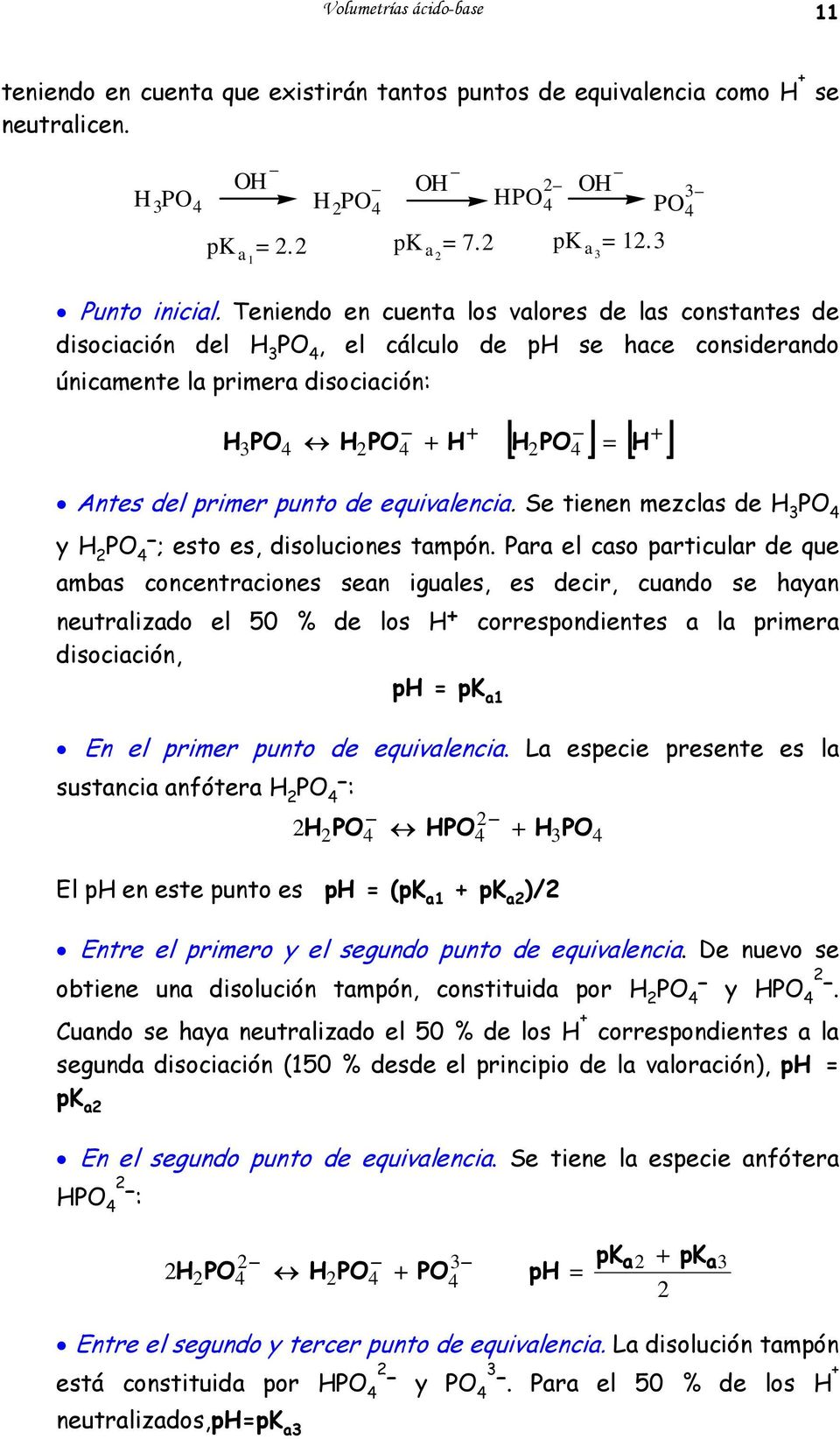 Teniendo en cuenta los valores de las constantes de disociación del H 3 PO 4, el cálculo de ph se hace considerando únicamente la primera disociación: H PO H PO H 3 4 2 4 H 2 PO 4 H Antes del primer