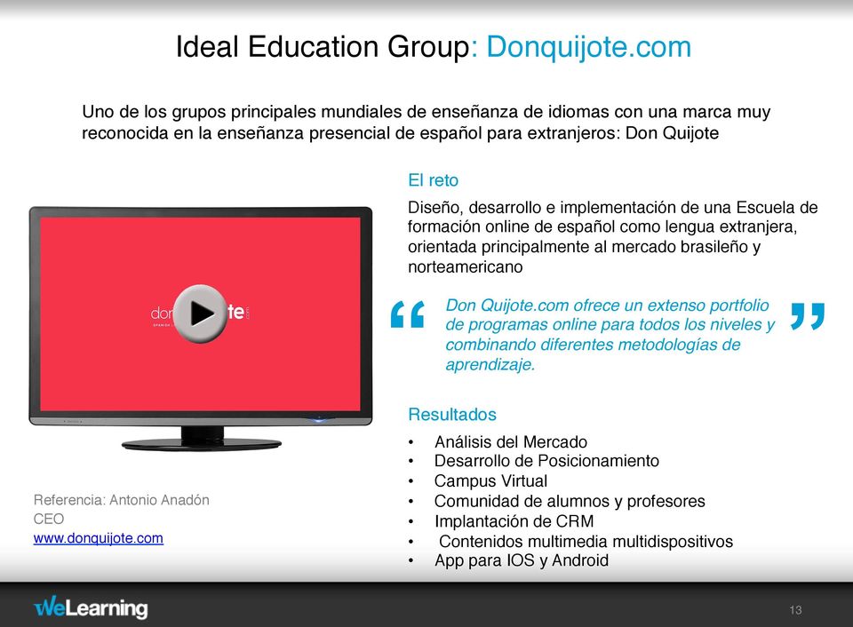 desarrollo e implementación de una Escuela de formación online de español como lengua extranjera, orientada principalmente al mercado brasileño y norteamericano Don Quijote.