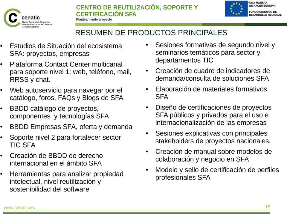 sector TIC SFA Creación de BBDD de derecho internacional en el ámbito SFA Herramientas para analizar propiedad intelectual, nivel reutilización y sostenibilidad del software RESUMEN DE PRODUCTOS