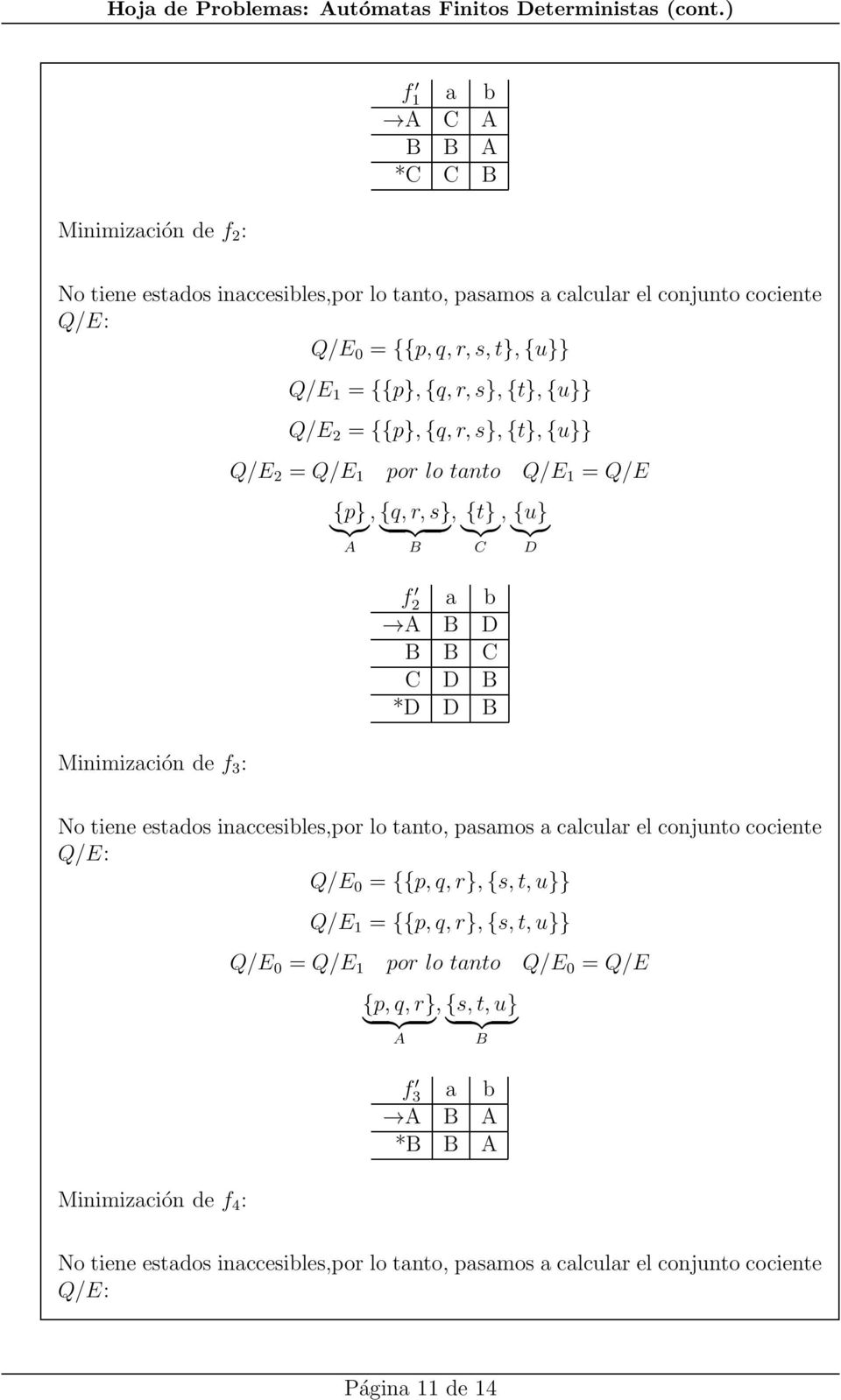Q/E 2 = {{p},{q,r,s},{t},{u}} Q/E 2 = Q/E por lo tnto Q/E = Q/E {p},{q,r,s}, {t}, {u} }{{} } {{ } }{{} }{{} A B C D f 2 A B D B B C C D B *D D B Minimizción de f 3 : No tiene