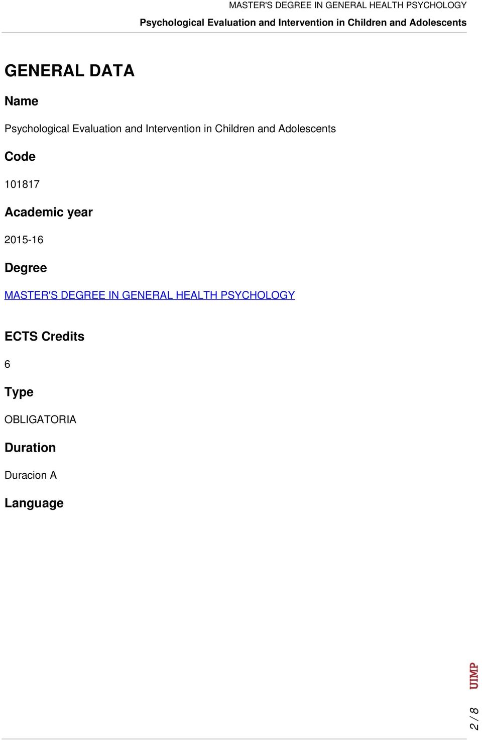 GENERAL HEALTH PSYCHOLOGY ECTS Credits 6