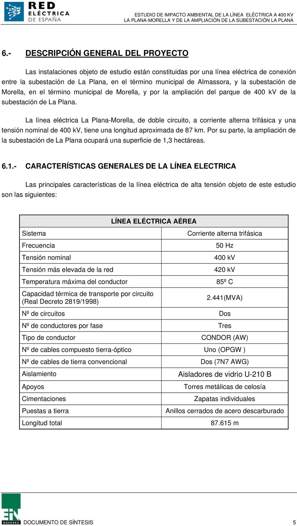 La línea eléctrica La Plana-Morella, de doble circuito, a corriente alterna trifásica y una tensión nominal de 400 kv, tiene una longitud aproximada de 87 km.