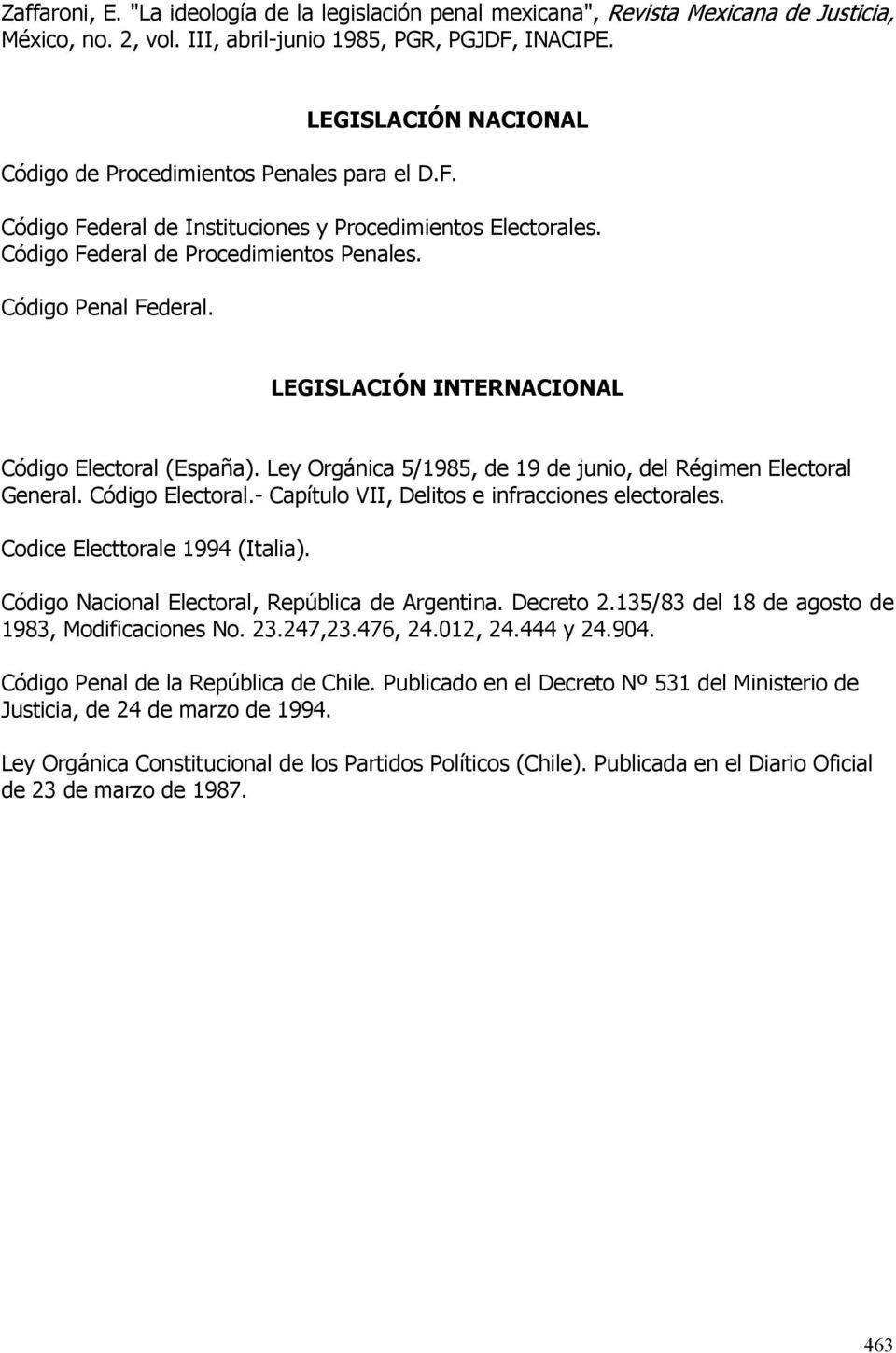 LEGISLACIÓN INTERNACIONAL Código Electoral (España). Ley Orgánica 5/1985, de 19 de junio, del Régimen Electoral General. Código Electoral.- Capítulo VII, Delitos e infracciones electorales.