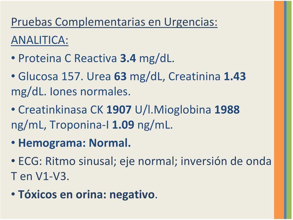 Creatinkinasa CK 1907 U/l.Mioglobina 1988 ng/ml, Troponina I 1.09 ng/ml.