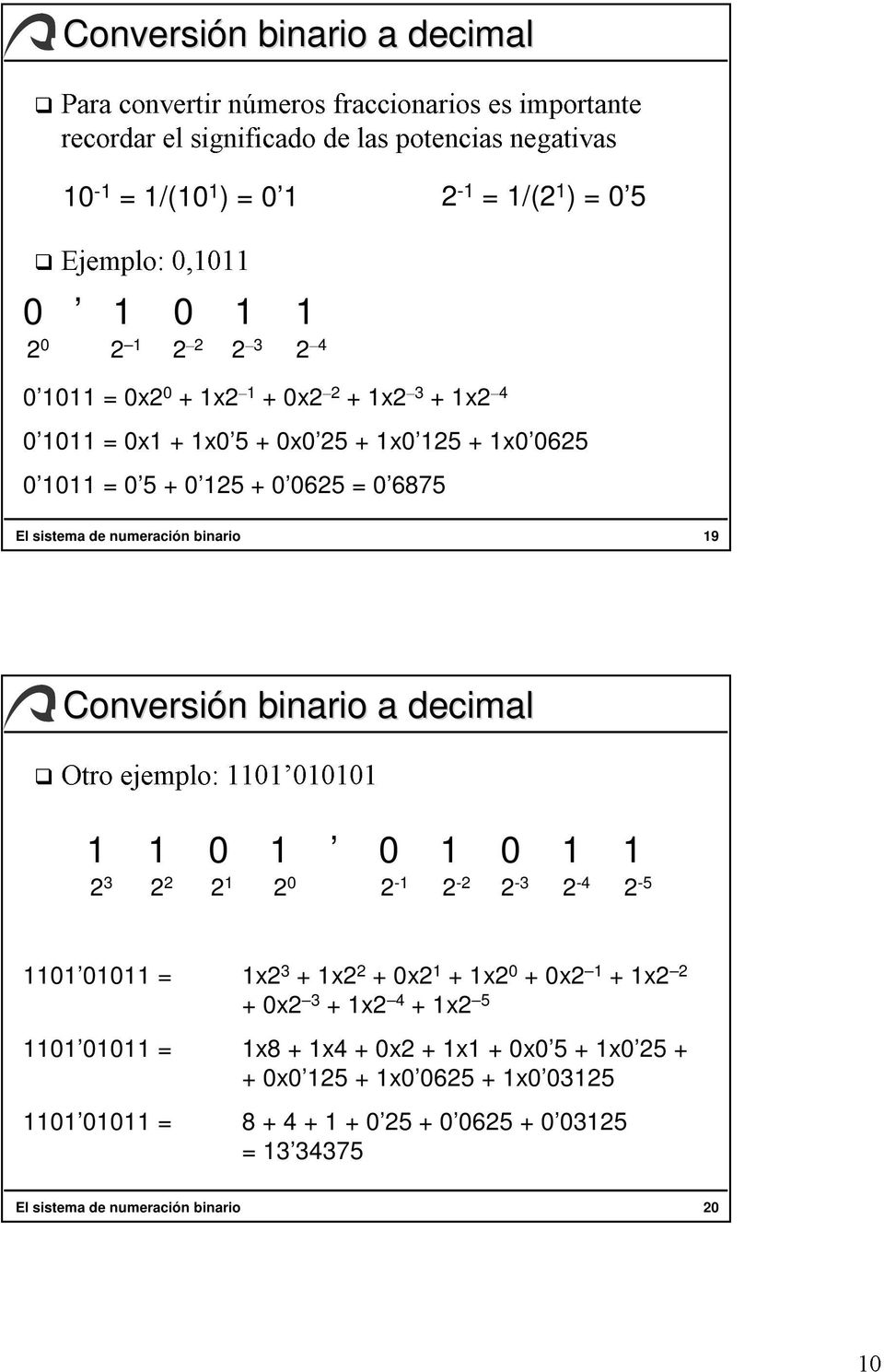 El sistema de numeración binario 19 Conversión n binario a decimal 1 1 0 1 0 1 0 1 1 2 3 2 2 2 1 2 0 2-1 2-2 2-3 2-4 2-5 1101 01011 = 1x2 3 + 1x2 2 + 0x2 1 + 1x2 0 + 0x2 1 + 1x2 2 + 0x2 3 + 1x2