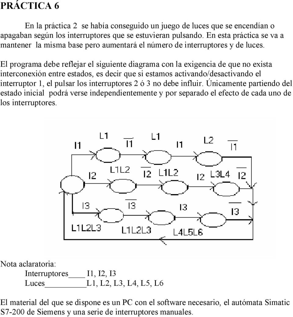 El programa debe reflejar el siguiente diagrama con la exigencia de que no exista interconexión entre estados, es decir que si estamos activando/desactivando el interruptor 1, el pulsar los