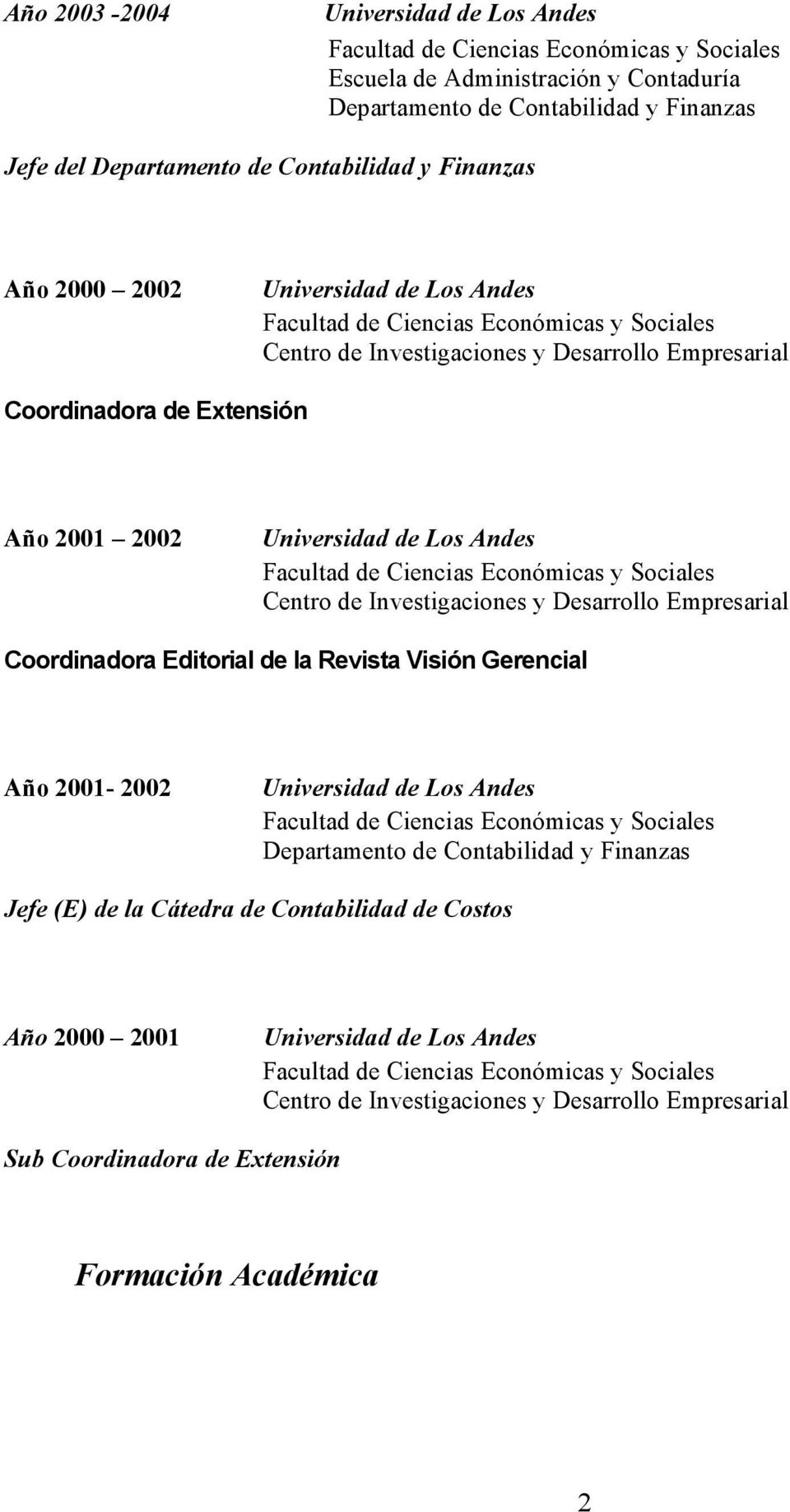 Coordinadora Editorial de la Revista Visión Gerencial Año 2001-2002 Departamento de Contabilidad y