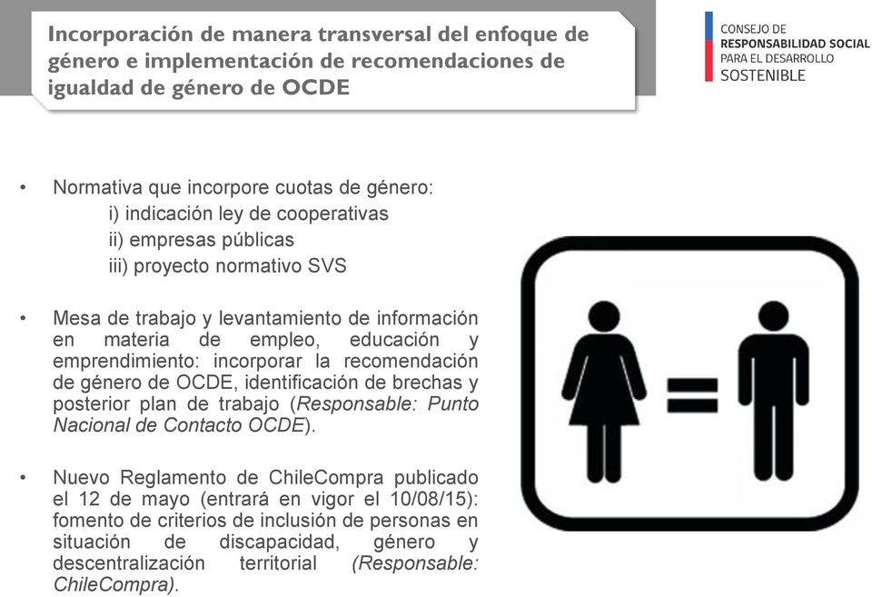 recomendación de género de OCDE, identificación de brechas y posterior plan de trabajo (Responsable: Punto Nacional de Contacto OCDE).