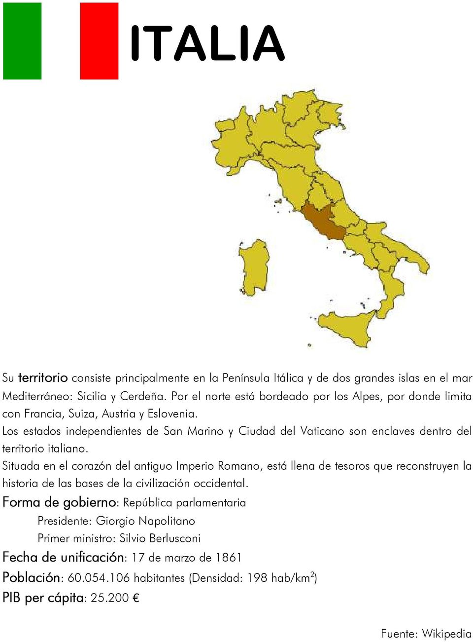 Los estados independientes de San Marino y Ciudad del Vaticano son enclaves dentro del territorio italiano.
