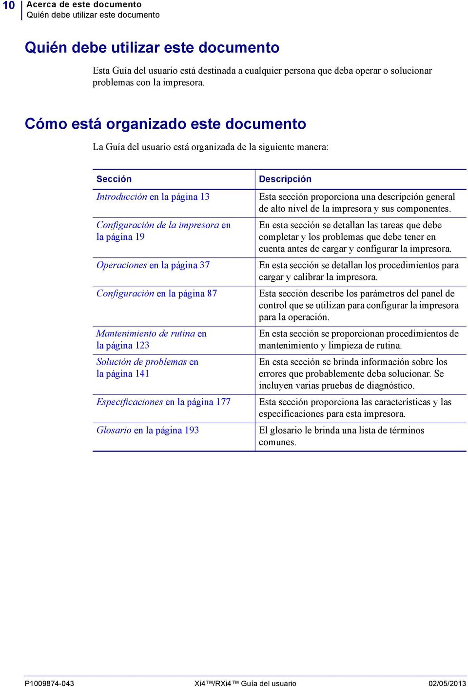 Cómo está organizado este documento La Guía del usuario está organizada de la siguiente manera: Sección Introducción en la página 13 Configuración de la impresora en la página 19 Operaciones en la