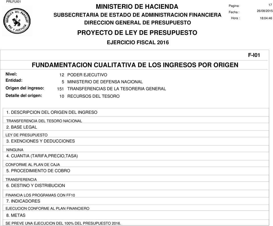 PLAN DE CAJA TRANSFERENCIA FINANCIA LOS PROGRAMAS CON FF10 EJECUCION
