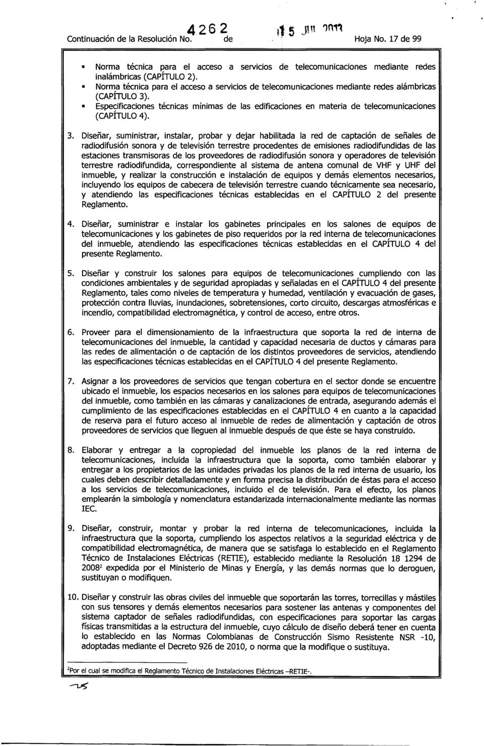 Especificaciones técnicas mínimas de las edificaciones en materia de telecomunicaciones (CAPÍTULO 4). 3.