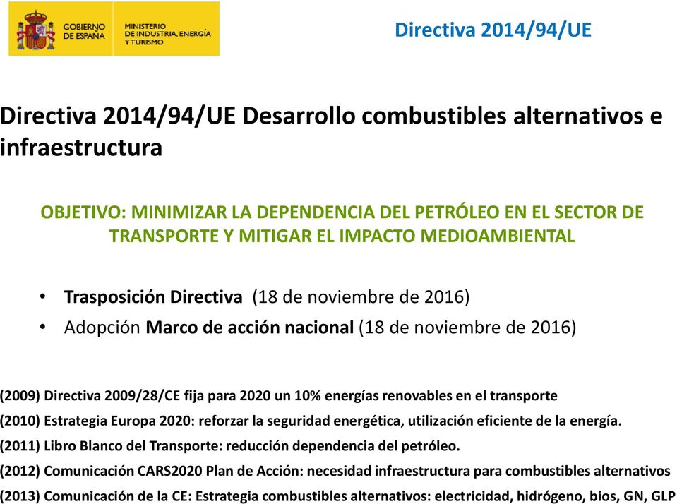 el transporte (2010) Estrategia Europa 2020: reforzar la seguridad energética, utilización eficiente de la energía. (2011) Libro Blanco del Transporte: reducción dependencia del petróleo.