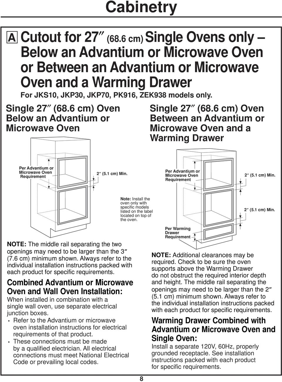 6 cm) Oven Below an Advantium or Microwave Oven Single 27 (68.6 cm) Oven Between an Advantium or Microwave Oven and a Warming Drawer Per Advantium or Microwave Oven Requirement 2 (5.1 cm) Min.