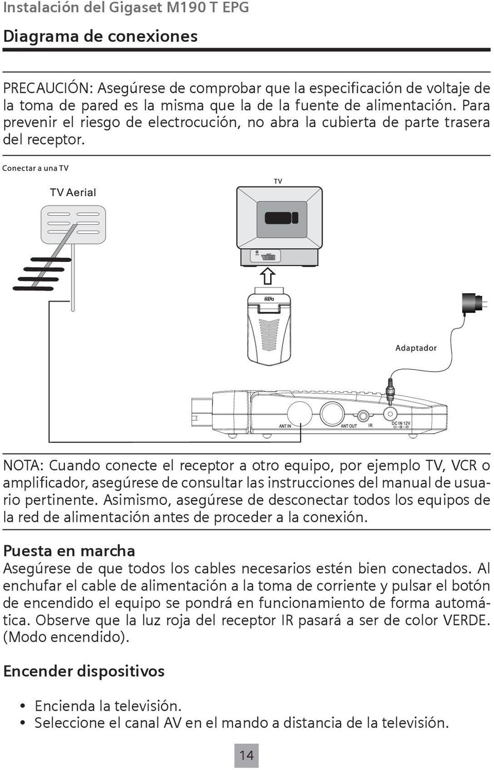 NOTA: Cuando conecte el receptor a otro equipo, por ejemplo TV, VCR o amplificador, asegúrese de consultar las instrucciones del manual de usuario pertinente.