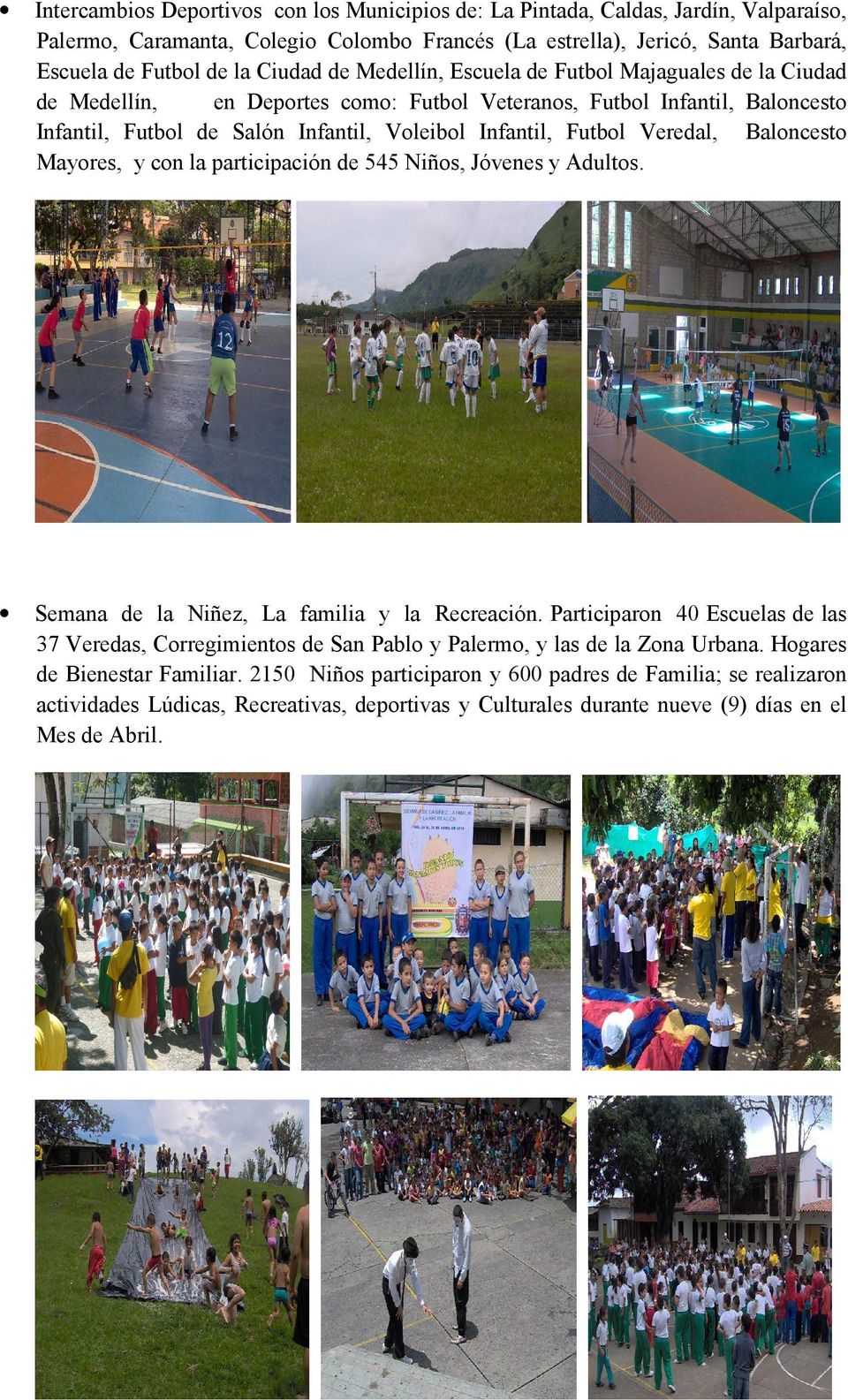 Veredal, Baloncesto Mayores, y con la participación de 545 Niños, Jóvenes y Adultos. Semana de la Niñez, La familia y la Recreación.