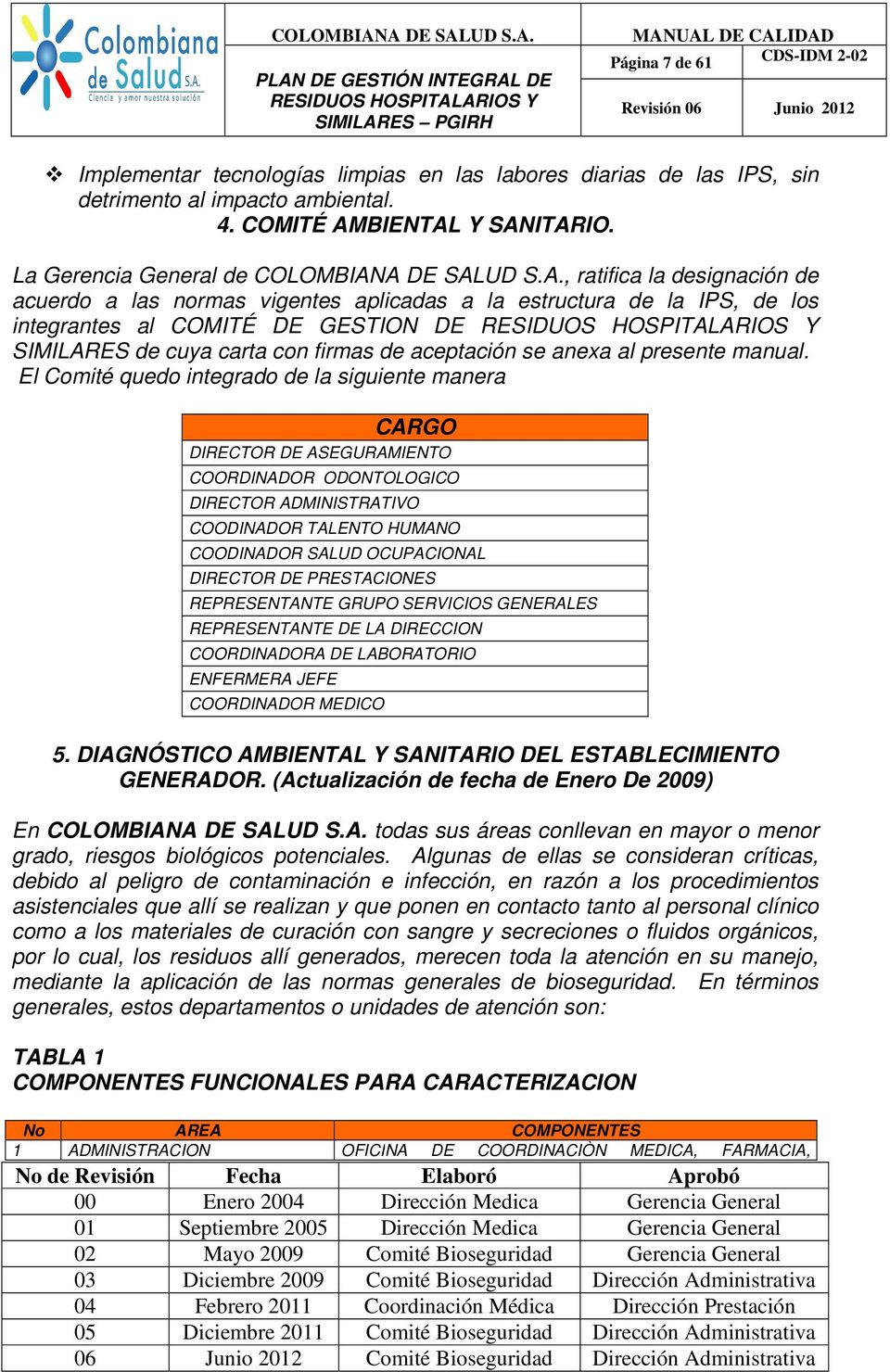 Y SANITARIO. La Gerencia General de COLOMBIANA DE SALUD S.A., ratifica la designación de acuerdo a las normas vigentes aplicadas a la estructura de la IPS, de los integrantes al COMITÉ DE GESTION DE