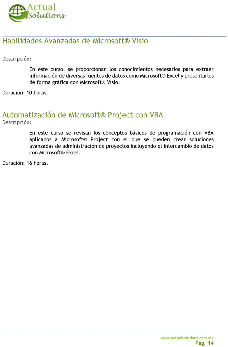 Automatización de Microsoft Project con VBA Duración: 16 horas.