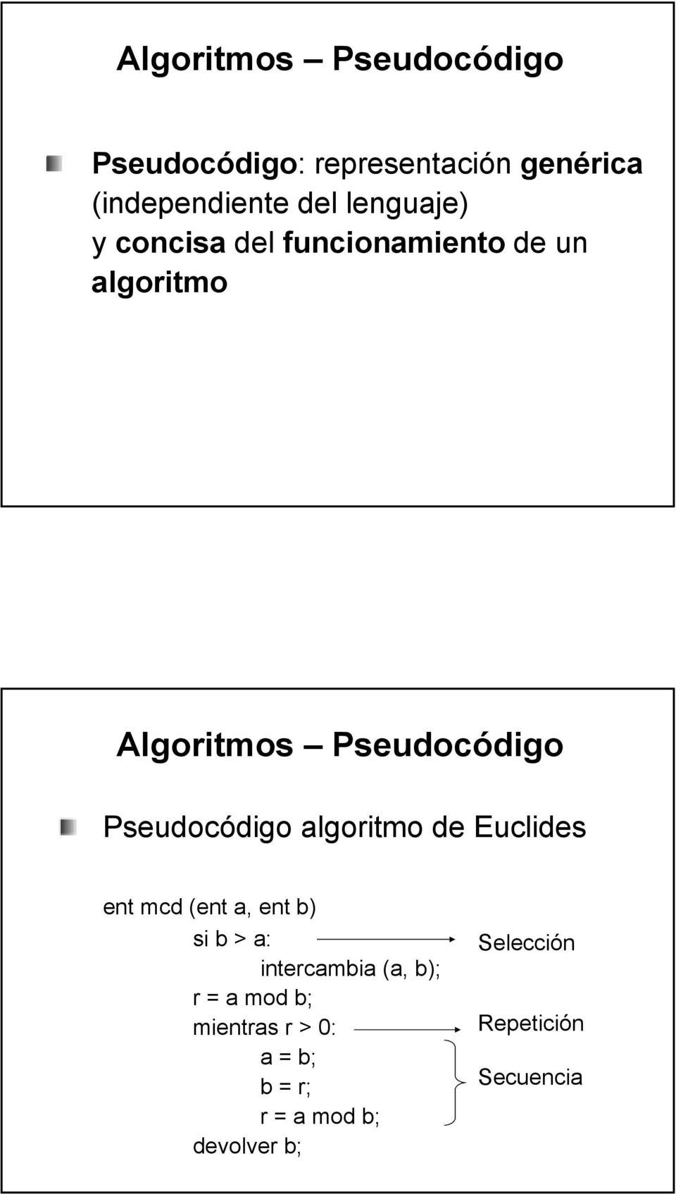 Pseudocódigo algoritmo de Euclides ent mcd (ent a, ent b) si b > a: intercambia (a,