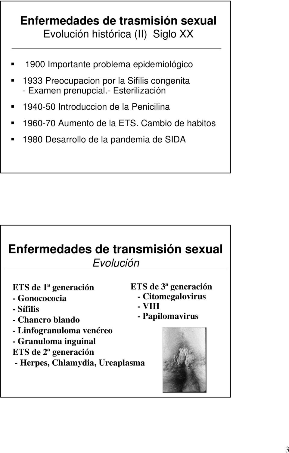 Cambio de habitos 1980 Desarrollo de la pandemia de SIDA Enfermedades de transmisión sexual Evolución ETS de 1ª generación ETS de 3ª generación