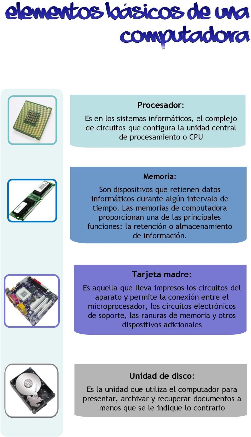 Tarjeta madre: Es aquella que lleva impresos los circuitos del aparato y permite la conexión entre el microprocesador, los circuitos electrónicos de soporte, las ranuras de