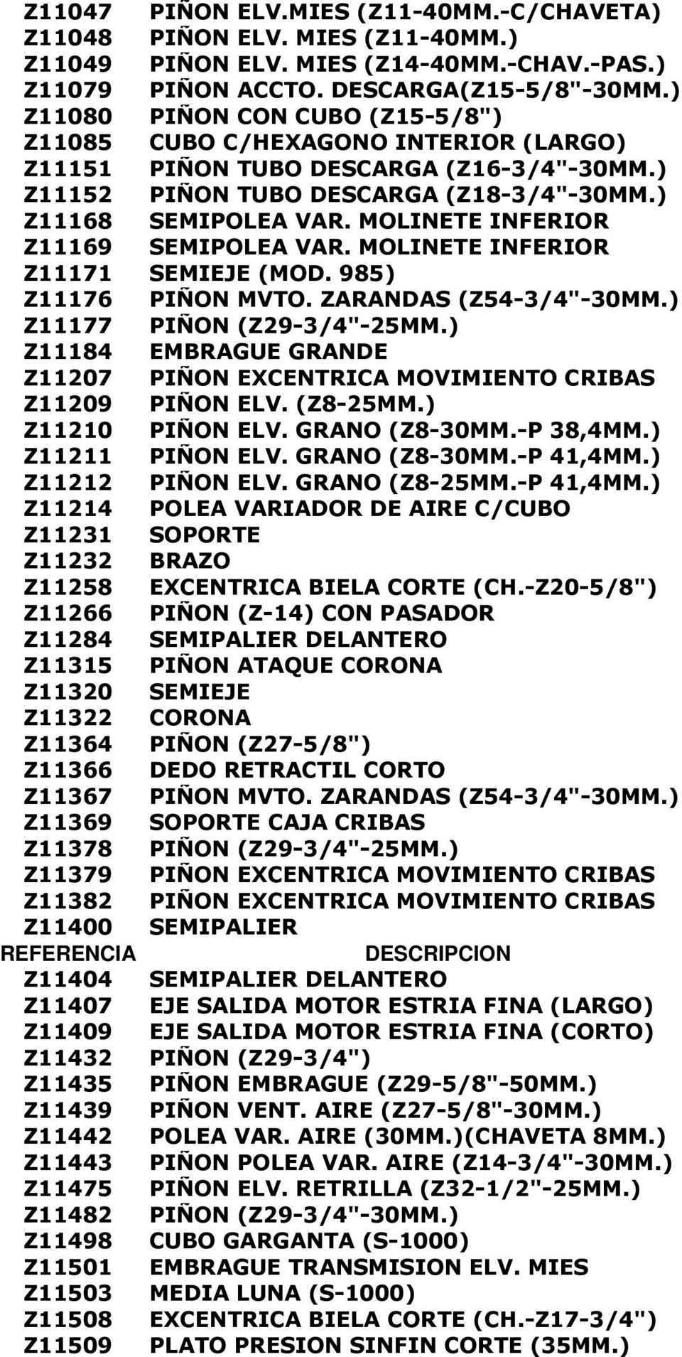 MOLINETE INFERIOR Z11169 SEMIPOLEA VAR. MOLINETE INFERIOR Z11171 SEMIEJE (MOD. 985) Z11176 PIÑON MVTO. ZARANDAS (Z54-3/4"-30MM.) Z11177 PIÑON (Z29-3/4"-25MM.