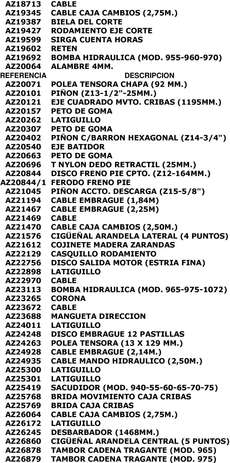 ) AZ20157 PETO DE GOMA AZ20262 LATIGUILLO AZ20307 PETO DE GOMA AZ20402 PIÑON C/BARRON HEXAGONAL (Z14-3/4") AZ20540 EJE BATIDOR AZ20663 PETO DE GOMA AZ20696 T NYLON DEDO RETRACTIL (25MM.
