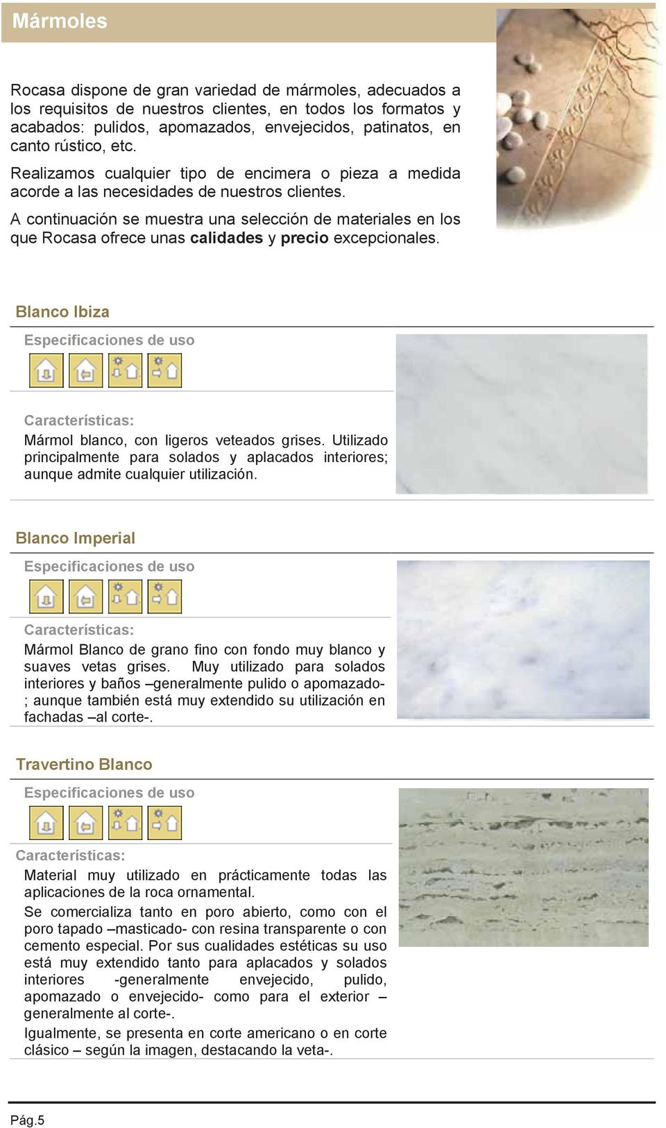 A continuación se muestra una selección de materiales en los que Rocasa ofrece unas calidades y precio excepcionales. Blanco Ibiza Mármol blanco, con ligeros veteados grises.