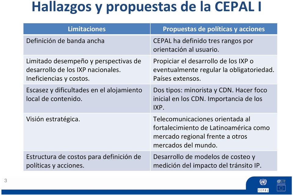 Propuestas de políticas y acciones CEPAL ha definido tres rangos por orientación al usuario. Propiciar el desarrollo de los IXP o eventualmente regular la obligatoriedad. Países extensos.