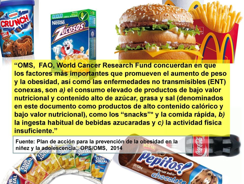 (denominados en este documento como productos de alto contenido calórico y bajo valor nutricional), como los snacks * y la comida rápida, b) la ingesta