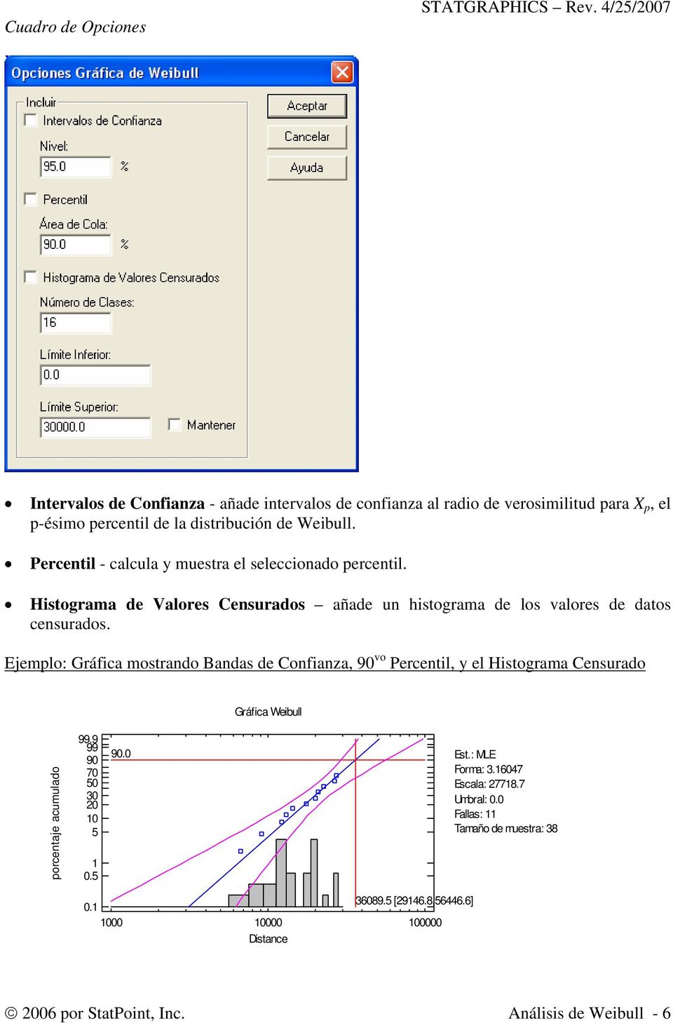 Percentl - calcula y muestra el selecconado percentl. Hstograma de Valores Censurados añade un hstograma de los valores de datos censurados.