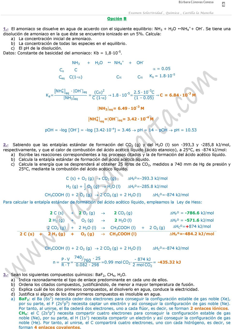 c) El p de la disolución. Datos: Constante de basicidad del amoniaco: Kb = 1,8 10-5. C o N 3 2 O N C C eq C(1- ) C C O - = 0.05 K b = 1.8 10-5 K a = N eq O- eq N 3 eq = (Cα)2 C (1-α) 1.8 10-5 = 2.