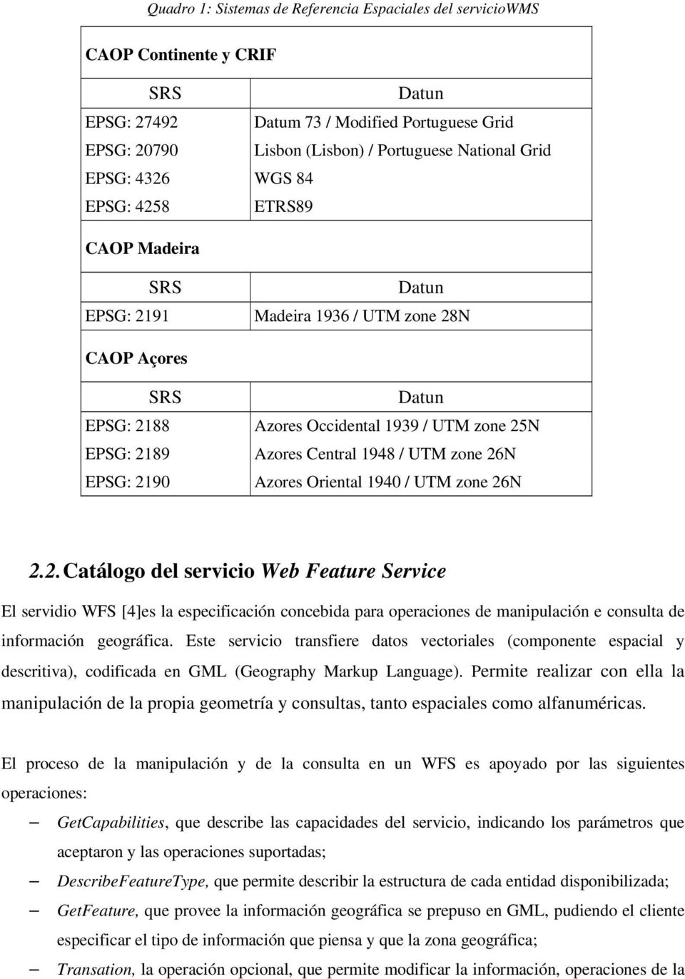Azores Oriental 1940 / UTM zone 26N 2.2. Catálogo del servicio Web Feature Service El servidio WFS [4]es la especificación concebida para operaciones de manipulación e consulta de información geográfica.