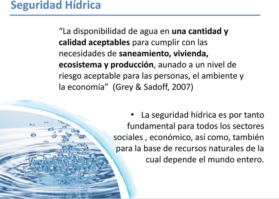 personas, el ambiente y la economía (Grey & Sadoff, 2007) La seguridad hídrica es por tanto fundamental para