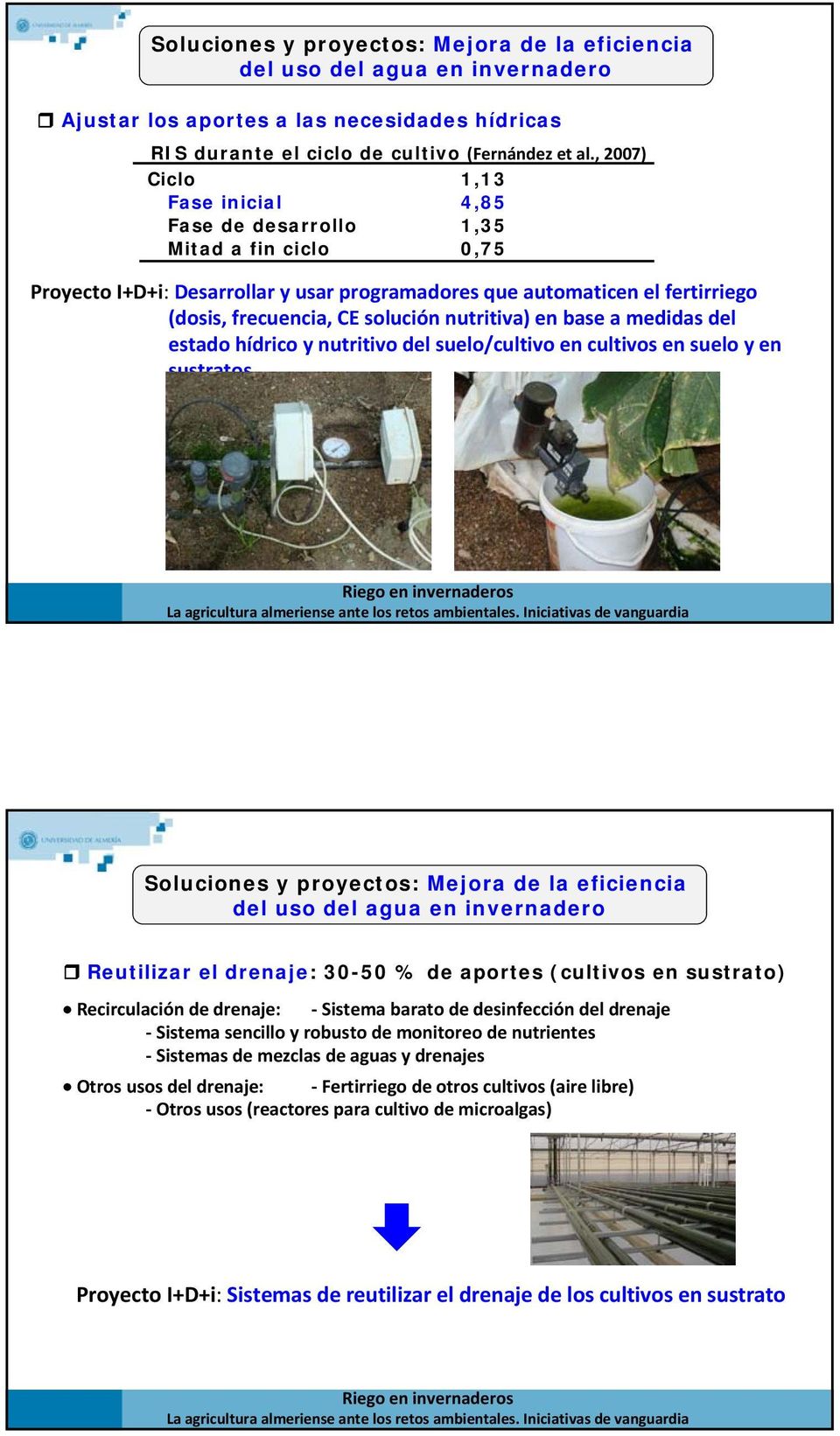 nutritiva) en base a medidas del estado hídrico y nutritivo del suelo/cultivo en cultivos en suelo y en sustratos Mejora de la eficiencia del uso del agua en invernadero Reutilizar el drenaje: 30-50