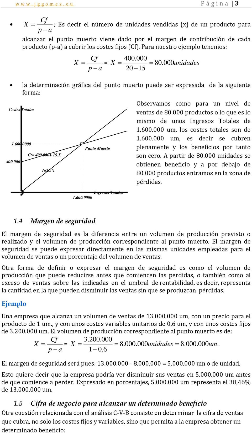 fijos (Cf). Para nuestro ejemplo tenemos: Cf 400.000 X = = X = = 80. 000unidades p a 20 15 la determinación gráfica del punto muerto puede ser expresada de la siguiente forma: Costes Totales 1.600.
