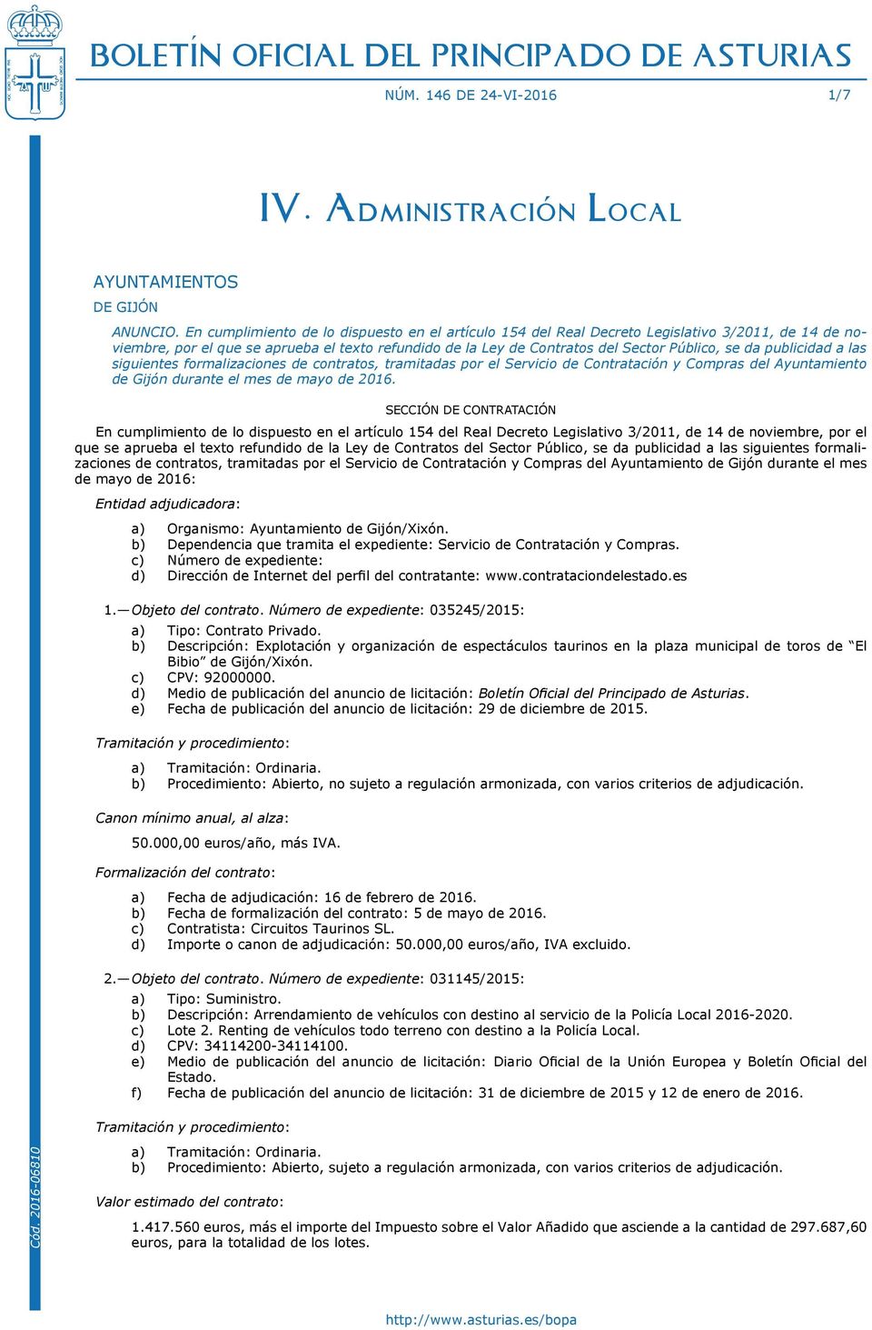 publicidad a las siguientes formalizaciones de contratos, tramitadas por el Servicio de Contratación y Compras del Ayuntamiento de Gijón durante el mes de mayo de 2016.