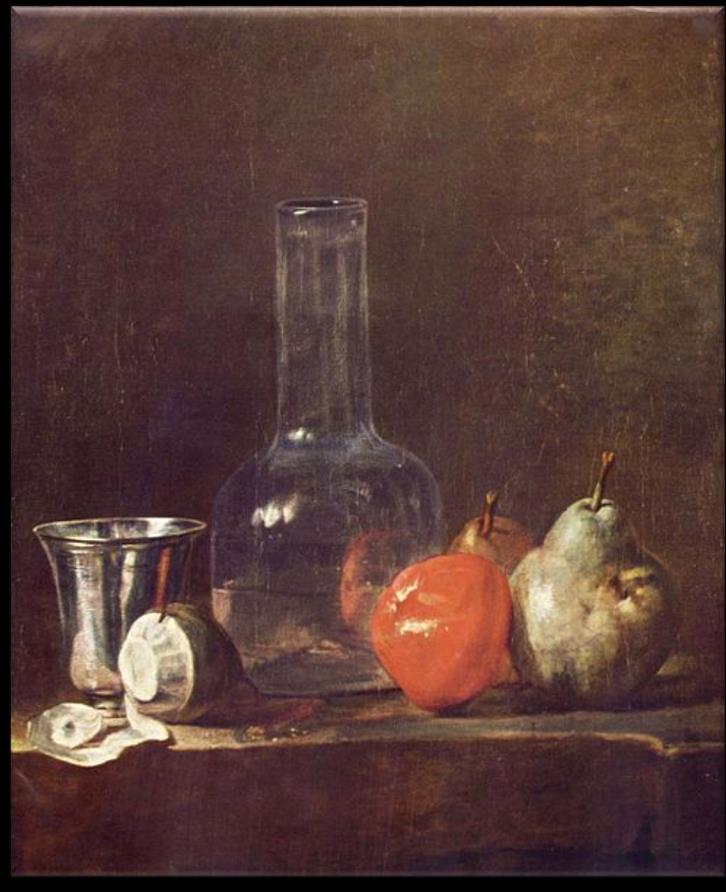 La bandeja de frutas, de Frans Snyders Naturaleza muerta con botella de vidrio y frutas, de Jean Chardin Una