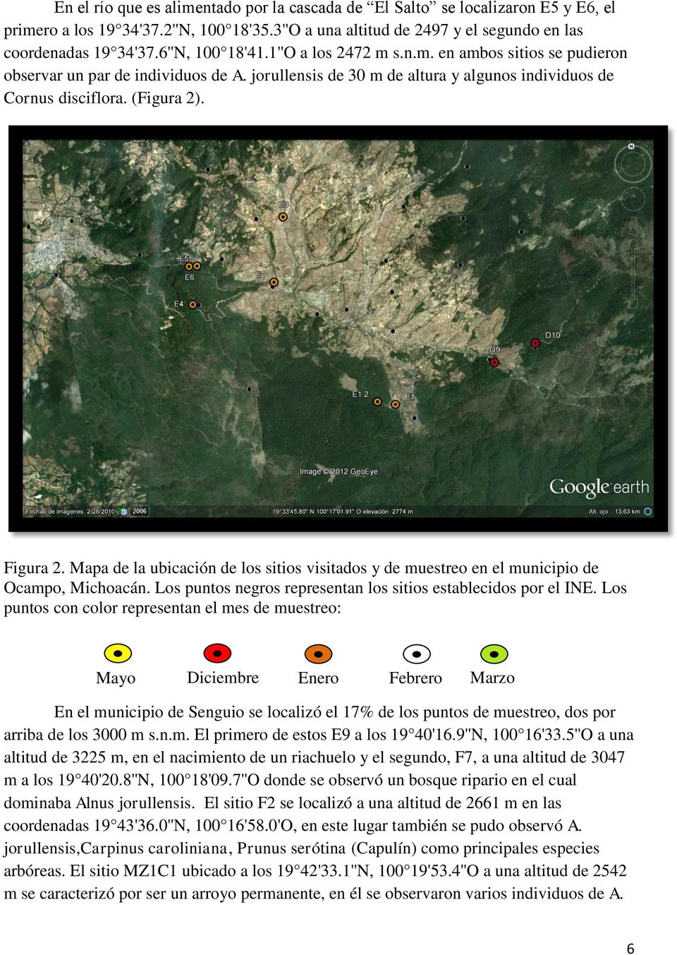 Mapa de la ubicación de los sitios visitados y de muestreo en el municipio de Ocampo, Michoacán. Los puntos negros representan los sitios establecidos por el INE.