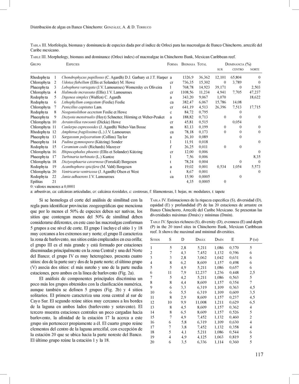 Morphology, biomass and dominance (Orloci index) of macroalgae in Chinchorro Bank, Mexican Caribbean reef.