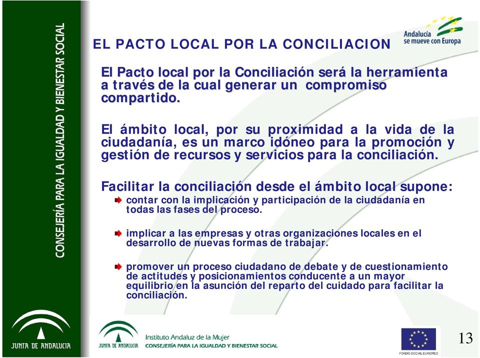 Facilitar la conciliación desde el ámbito local supone: contar con la implicación y participación de la ciudadanía en todas las fases del proceso.