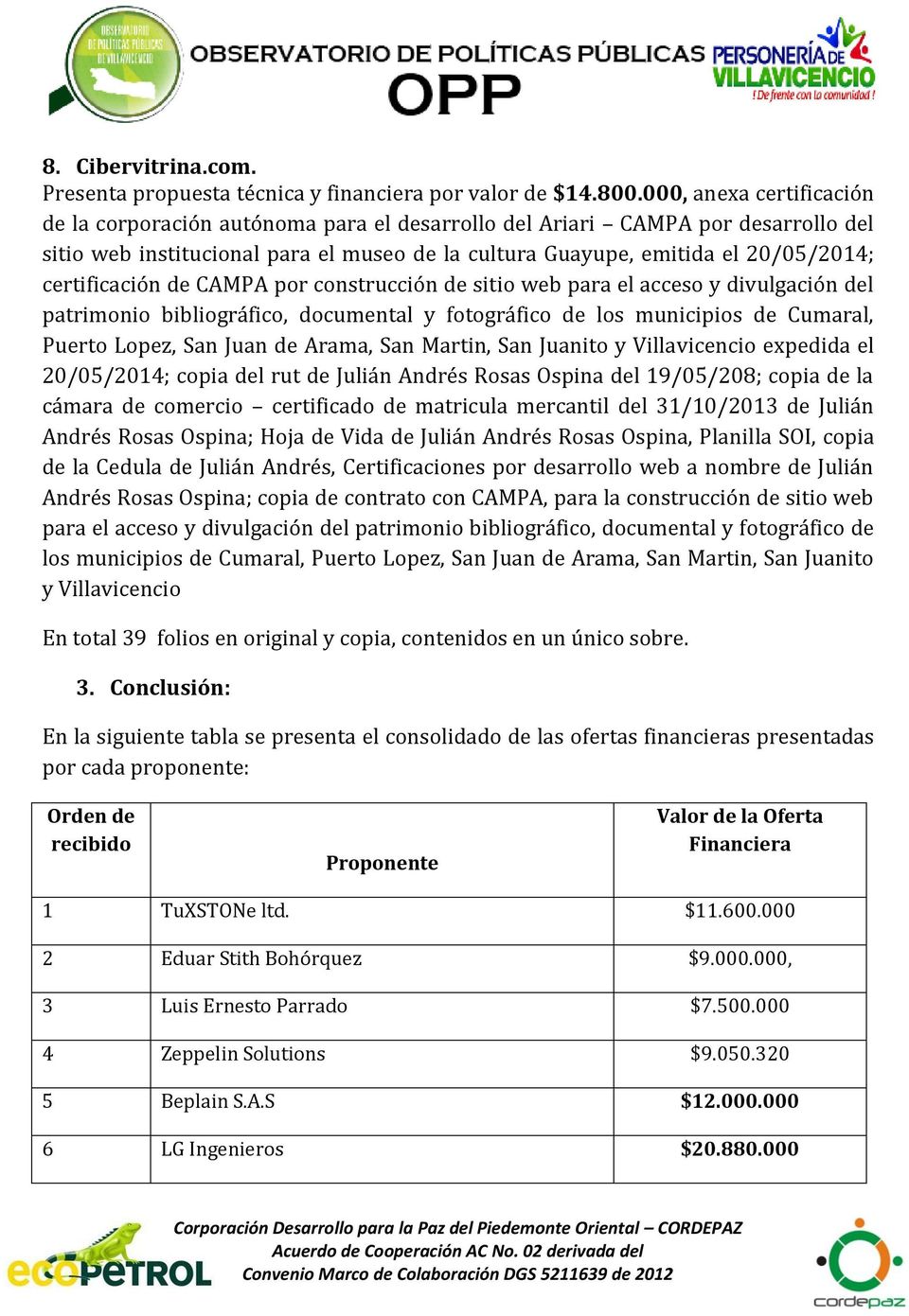 certificación de CAMPA por construcción de sitio web para el acceso y divulgación del patrimonio bibliográfico, documental y fotográfico de los municipios de Cumaral, Puerto Lopez, San Juan de Arama,